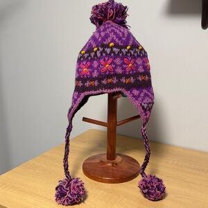 Handmade 100% Wool Earflap Hat | Made in Nepal | Fleece Lined | Purple Pom Pom